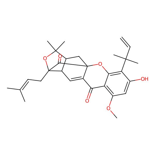 2D Structure of (1R,12S,13R,16R)-5-hydroxy-7-methoxy-15,15-dimethyl-4-(2-methylbut-3-en-2-yl)-13-(3-methylbut-2-enyl)-2,14-dioxapentacyclo[11.4.1.01,10.03,8.012,16]octadeca-3,5,7,10-tetraene-9,18-dione