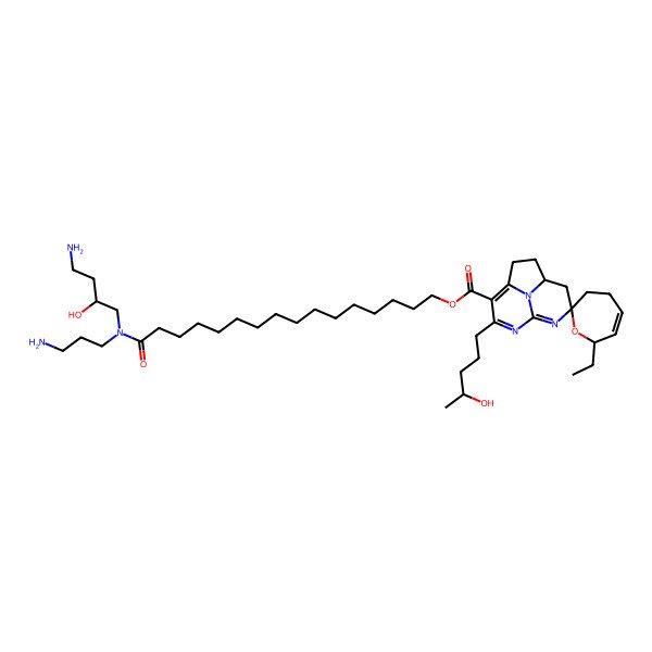 2D Structure of [16-[[(2S)-4-amino-2-hydroxybutyl]-(3-aminopropyl)amino]-16-oxohexadecyl] (1'S,2S,7S)-2-ethyl-6'-[(4R)-4-hydroxypentyl]spiro[5,6-dihydro-2H-oxepine-7,10'-7,9,12-triazatricyclo[6.3.1.04,12]dodeca-4,6,8-triene]-5'-carboxylate