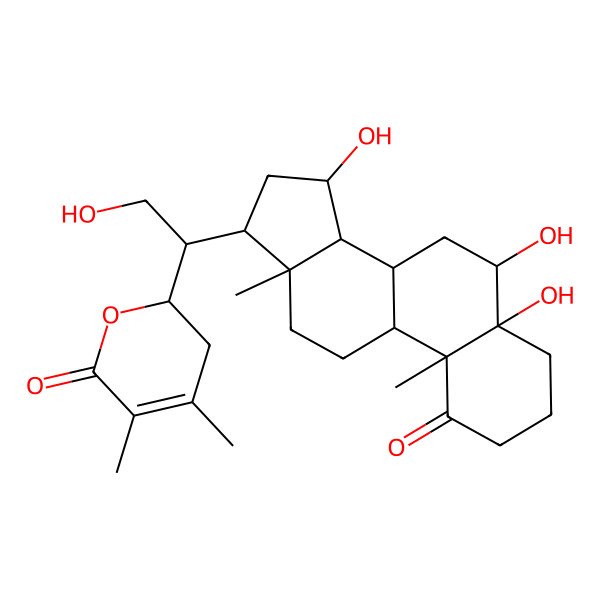 2D Structure of (2R)-2-[(1S)-2-hydroxy-1-[(5R,6R,8R,9S,10R,13R,14S,15R,17R)-5,6,15-trihydroxy-10,13-dimethyl-1-oxo-3,4,6,7,8,9,11,12,14,15,16,17-dodecahydro-2H-cyclopenta[a]phenanthren-17-yl]ethyl]-4,5-dimethyl-2,3-dihydropyran-6-one