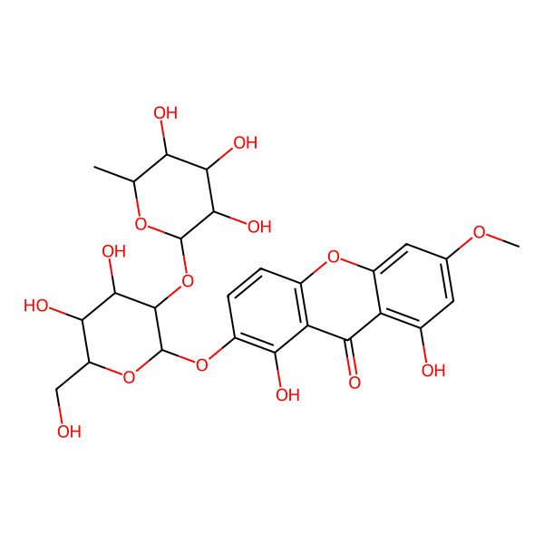 2D Structure of 2-[(2S,3R,4S,5S,6R)-4,5-dihydroxy-6-(hydroxymethyl)-3-[(2S,3R,4R,5R,6S)-3,4,5-trihydroxy-6-methyloxan-2-yl]oxyoxan-2-yl]oxy-1,8-dihydroxy-6-methoxyxanthen-9-one