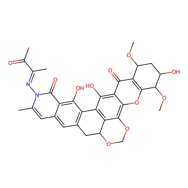 2D Structure of (13S,21S,22S,24S)-3,22,28-trihydroxy-21,24-dimethoxy-7-methyl-6-[(E)-3-oxobutan-2-ylideneamino]-14,16,19-trioxa-6-azaheptacyclo[15.11.1.02,11.04,9.013,29.018,27.020,25]nonacosa-1(29),2(11),3,7,9,17,20(25),27-octaene-5,26-dione
