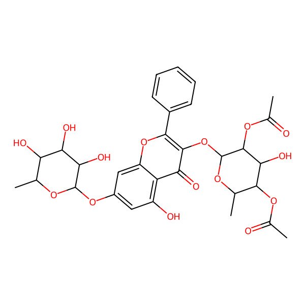 2D Structure of [(2S,3R,4R,5R,6S)-5-acetyloxy-4-hydroxy-6-[5-hydroxy-4-oxo-2-phenyl-7-[(2S,3R,4R,5R,6S)-3,4,5-trihydroxy-6-methyloxan-2-yl]oxychromen-3-yl]oxy-2-methyloxan-3-yl] acetate