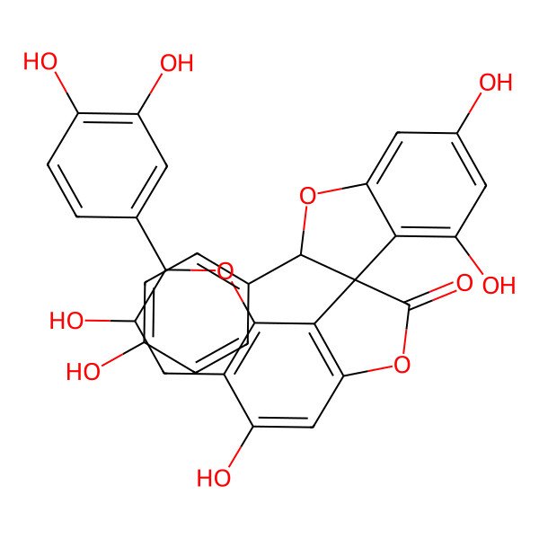 2D Structure of 2'-(3,4-dihydroxyphenyl)-3',4,5',6-tetrahydroxy-2-(4-hydroxyphenyl)spiro[2H-1-benzofuran-3,9'-3,4-dihydro-2H-furo[2,3-h]chromene]-8'-one