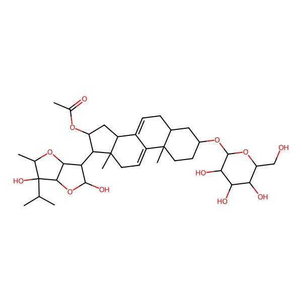2D Structure of [17-(3,5-dihydroxy-2-methyl-3-propan-2-yl-3a,5,6,6a-tetrahydro-2H-furo[3,2-b]furan-6-yl)-10,13-dimethyl-3-[3,4,5-trihydroxy-6-(hydroxymethyl)oxan-2-yl]oxy-2,3,4,5,6,12,14,15,16,17-decahydro-1H-cyclopenta[a]phenanthren-16-yl] acetate