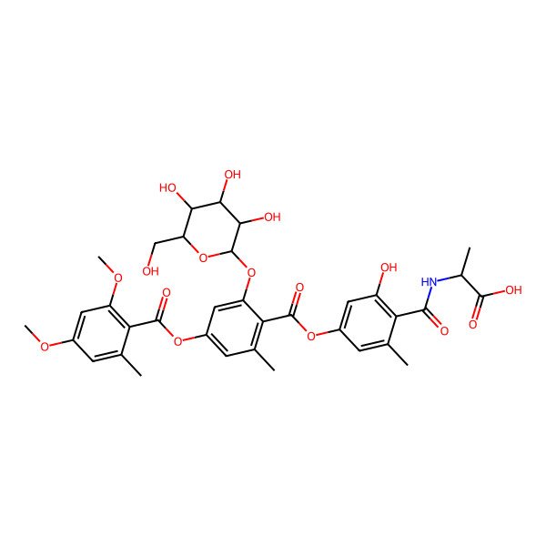 2D Structure of 2-[[4-[4-(2,4-Dimethoxy-6-methylbenzoyl)oxy-2-methyl-6-[3,4,5-trihydroxy-6-(hydroxymethyl)oxan-2-yl]oxybenzoyl]oxy-2-hydroxy-6-methylbenzoyl]amino]propanoic acid