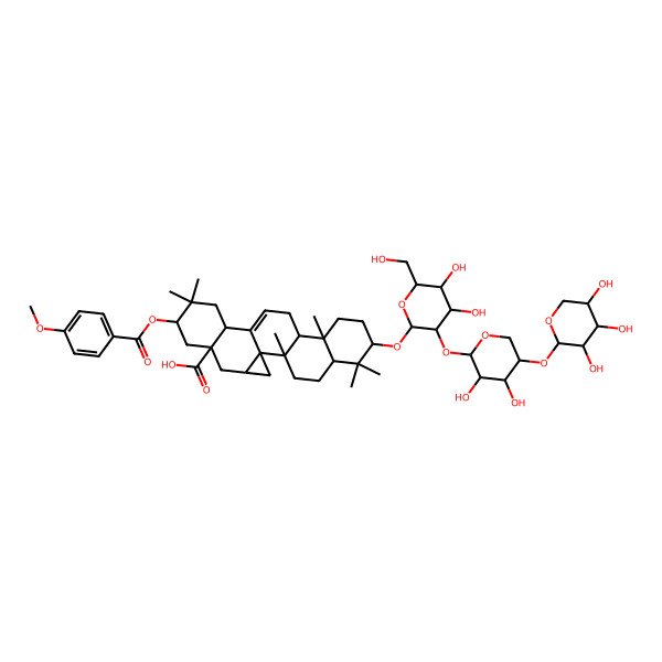 2D Structure of (1S,2R,5R,7S,10R,11R,15S,18S,20R,22R)-7-[(2R,3R,4S,5S,6R)-3-[(2S,3R,4R,5R)-3,4-dihydroxy-5-[(2S,3R,4S,5R)-3,4,5-trihydroxyoxan-2-yl]oxyoxan-2-yl]oxy-4,5-dihydroxy-6-(hydroxymethyl)oxan-2-yl]oxy-18-(4-methoxybenzoyl)oxy-2,6,6,10,17,17-hexamethylhexacyclo[12.9.0.01,22.02,11.05,10.015,20]tricos-13-ene-20-carboxylic acid