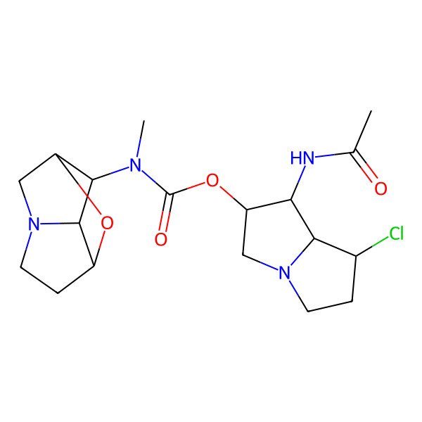 2D Structure of (1-acetamido-7-chloro-2,3,5,6,7,8-hexahydro-1H-pyrrolizin-2-yl) N-methyl-N-(2-oxa-6-azatricyclo[4.2.1.03,7]nonan-8-yl)carbamate