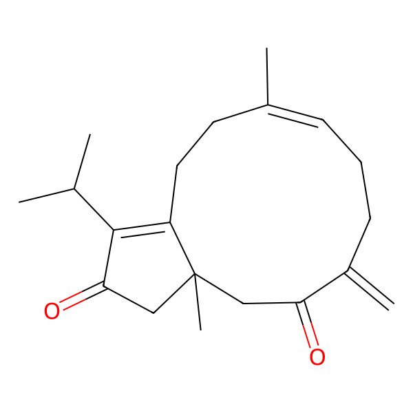 2D Structure of (3aR,9E)-3a,10-dimethyl-6-methylidene-1-propan-2-yl-3,4,7,8,11,12-hexahydrocyclopenta[11]annulene-2,5-dione