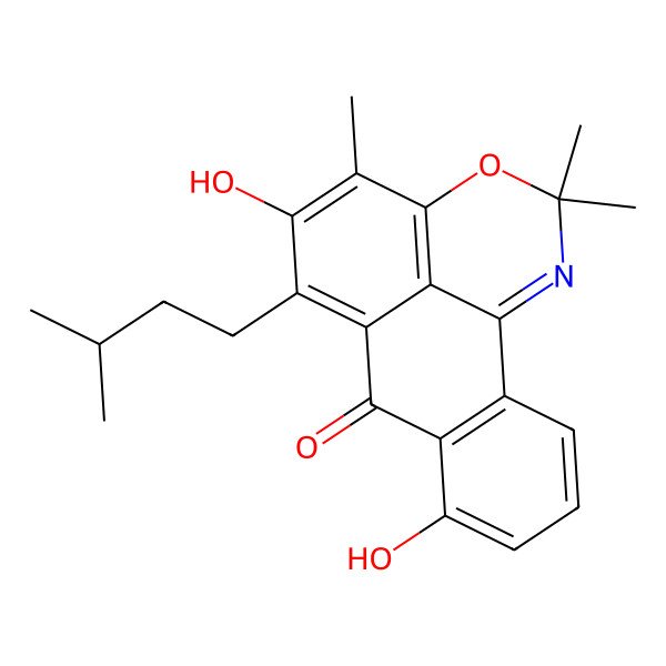 2D Structure of 6,11-Dihydroxy-12,15,15-trimethyl-10-(3-methylbutyl)-14-oxa-16-azatetracyclo[7.7.1.02,7.013,17]heptadeca-1(16),2(7),3,5,9,11,13(17)-heptaen-8-one