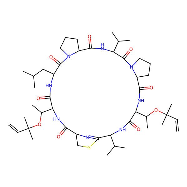 2D Structure of 5,26-Bis[1-(2-methylbut-3-en-2-yloxy)ethyl]-23-(2-methylpropyl)-2,14-di(propan-2-yl)-31-thia-3,6,12,15,21,24,27,32-octazatetracyclo[27.2.1.08,12.017,21]dotriacont-1(32)-ene-4,7,13,16,22,25,28-heptone