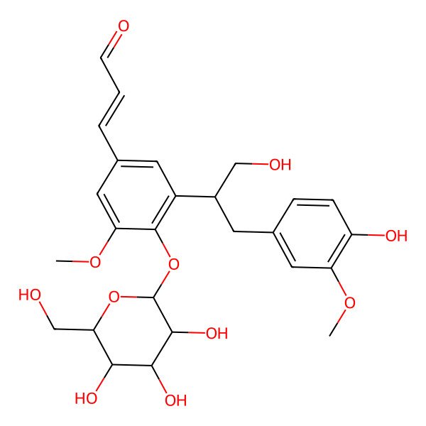 2D Structure of (E)-3-[3-[1-hydroxy-3-(4-hydroxy-3-methoxyphenyl)propan-2-yl]-5-methoxy-4-[(2S,3R,4S,5S,6R)-3,4,5-trihydroxy-6-(hydroxymethyl)oxan-2-yl]oxyphenyl]prop-2-enal