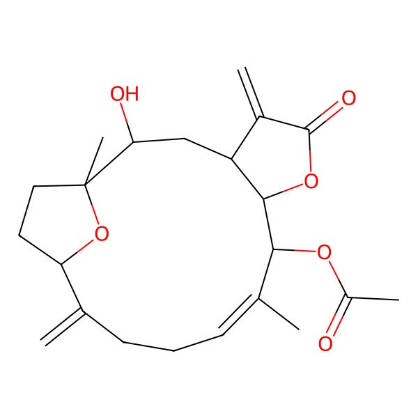 2D Structure of (2-Hydroxy-1,10-dimethyl-5,14-dimethylidene-6-oxo-7,18-dioxatricyclo[13.2.1.04,8]octadec-10-en-9-yl) acetate