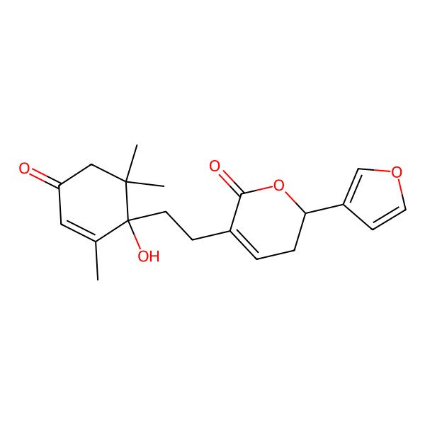 2D Structure of (2R)-2-(furan-3-yl)-5-[2-[(1R)-1-hydroxy-2,6,6-trimethyl-4-oxocyclohex-2-en-1-yl]ethyl]-2,3-dihydropyran-6-one