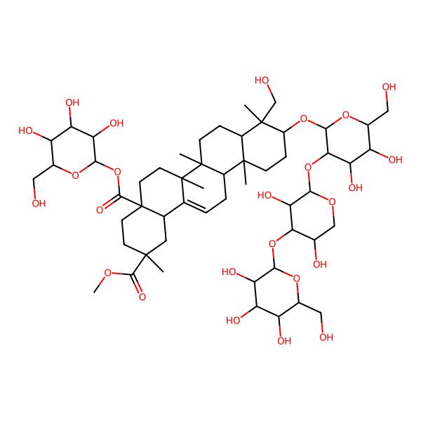 2D Structure of 2-O-methyl 4a-O-[(2R,3S,4R,5R,6S)-3,4,5-trihydroxy-6-(hydroxymethyl)oxan-2-yl] (2R,4aR,6aR,6aS,6bR,8aR,9R,10S,12aR,14bS)-10-[(2R,3R,4S,5S,6R)-3-[(2S,3R,4S,5R)-3,5-dihydroxy-4-[(2S,3R,4S,5S,6R)-3,4,5-trihydroxy-6-(hydroxymethyl)oxan-2-yl]oxyoxan-2-yl]oxy-4,5-dihydroxy-6-(hydroxymethyl)oxan-2-yl]oxy-9-(hydroxymethyl)-2,6a,6b,9,12a-pentamethyl-1,3,4,5,6,6a,7,8,8a,10,11,12,13,14b-tetradecahydropicene-2,4a-dicarboxylate