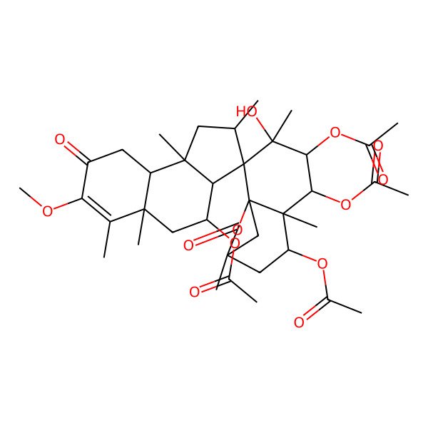 2D Structure of [(1R,2S,2'S,3R,3'aS,4R,4'R,5R,5'aS,6R,7S,9R,9'aS,9'bS)-4,5,7-triacetyloxy-3-hydroxy-7'-methoxy-2',3,5'a,6,6',9,9'b-heptamethyl-8',10-dioxospiro[11-oxatricyclo[7.2.1.01,6]dodecane-2,3'-2,3a,4,5,9,9a-hexahydro-1H-cyclopenta[a]naphthalene]-4'-yl] acetate