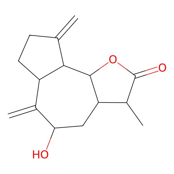 2D Structure of (3S,3aS,5R,6aR,9aR,9bS)-5-hydroxy-3-methyl-6,9-dimethylidene-3a,4,5,6a,7,8,9a,9b-octahydro-3H-azuleno[4,5-b]furan-2-one