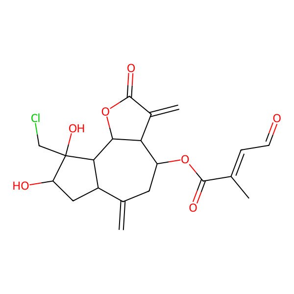 2D Structure of [9-(Chloromethyl)-8,9-dihydroxy-3,6-dimethylidene-2-oxo-3a,4,5,6a,7,8,9a,9b-octahydroazuleno[4,5-b]furan-4-yl] 2-methyl-4-oxobut-2-enoate