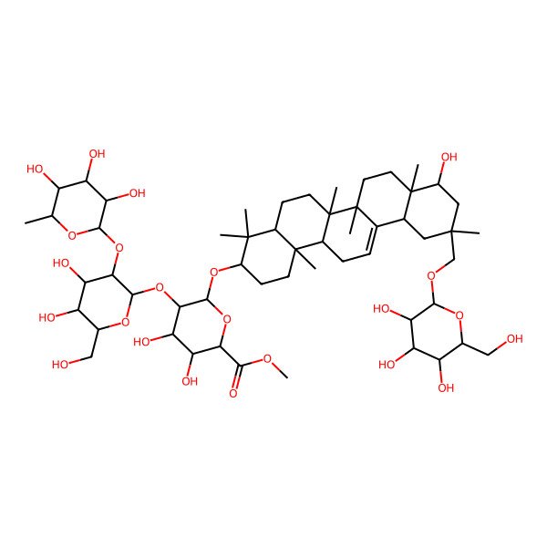 2D Structure of Methyl 5-[4,5-dihydroxy-6-(hydroxymethyl)-3-(3,4,5-trihydroxy-6-methyloxan-2-yl)oxyoxan-2-yl]oxy-3,4-dihydroxy-6-[[9-hydroxy-4,4,6a,6b,8a,11,14b-heptamethyl-11-[[3,4,5-trihydroxy-6-(hydroxymethyl)oxan-2-yl]oxymethyl]-1,2,3,4a,5,6,7,8,9,10,12,12a,14,14a-tetradecahydropicen-3-yl]oxy]oxane-2-carboxylate