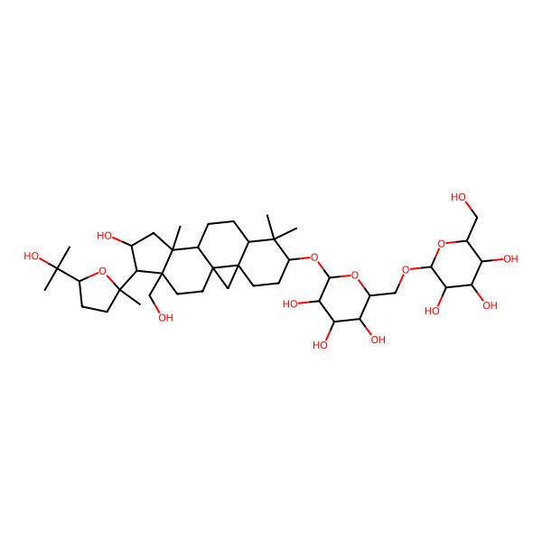 2D Structure of (2R,3S,4S,5R,6R)-2-(hydroxymethyl)-6-[[(2R,3S,4S,5R,6R)-3,4,5-trihydroxy-6-[[(1S,3R,6S,8R,11S,12S,14S,15R,16S)-14-hydroxy-16-(hydroxymethyl)-15-[(2R,5S)-5-(2-hydroxypropan-2-yl)-2-methyloxolan-2-yl]-7,7,12-trimethyl-6-pentacyclo[9.7.0.01,3.03,8.012,16]octadecanyl]oxy]oxan-2-yl]methoxy]oxane-3,4,5-triol