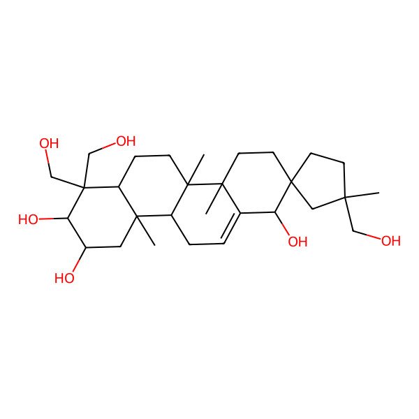 2D Structure of (1S,1'S,2R,4aS,4bR,6aR,8S,9R,10aR,10bR)-1',7,7-tris(hydroxymethyl)-1',4a,4b,10a-tetramethylspiro[3,4,5,6,6a,8,9,10,10b,11-decahydro-1H-chrysene-2,3'-cyclopentane]-1,8,9-triol