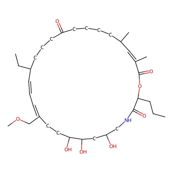 2D Structure of (2S,6S,8S,9R,12Z,14E,16R,25R,26E)-16-ethyl-6,8,9-trihydroxy-12-(methoxymethyl)-25,27-dimethyl-2-propyl-1-oxa-4-azacyclooctacosa-12,14,26-triene-3,20,28-trione
