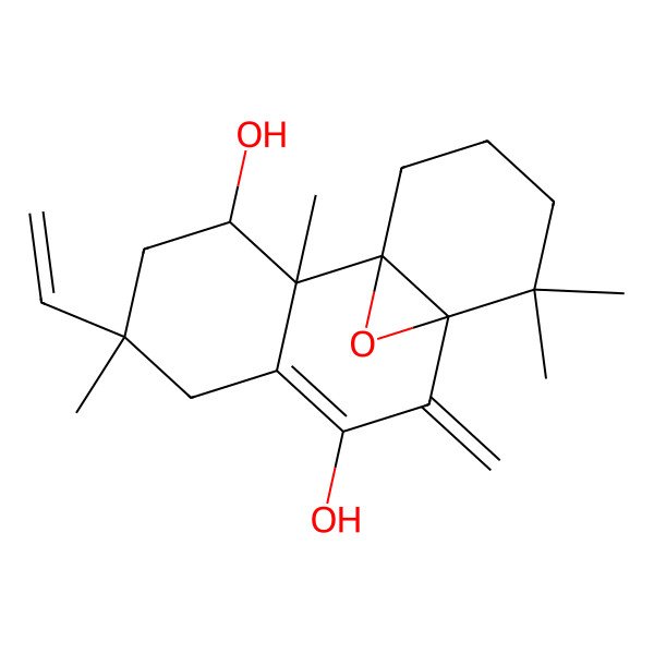 2D Structure of 5-Ethenyl-2,5,11,11-tetramethyl-9-methylidene-15-oxatetracyclo[8.4.1.01,10.02,7]pentadec-7-ene-3,8-diol