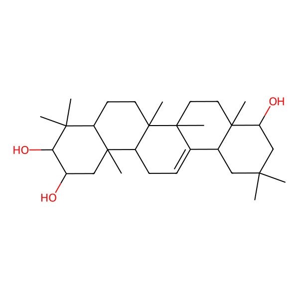 2D Structure of (2S,3R,4aR,6aR,6bS,8aR,9S,12aS,14aR,14bR)-4,4,6a,6b,8a,11,11,14b-octamethyl-1,2,3,4a,5,6,7,8,9,10,12,12a,14,14a-tetradecahydropicene-2,3,9-triol 2D Structure of (2S,3R,4aR,6aR,6bS,8aR,9S,12aS,14aR,14bR)-4,4,6a,6b,8a,11,11,14b-octamethyl-1,2,3,4a,5,6,7,8,9,10,12,12a,14,14a-tetradecahydropicene-2,3,9-triol