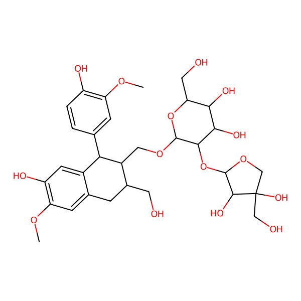 2D Structure of (2S,3S,4R,5S,6S)-5-[(2R,3R,4S)-3,4-dihydroxy-4-(hydroxymethyl)oxolan-2-yl]oxy-6-[[(1R,2R,3R)-7-hydroxy-1-(4-hydroxy-3-methoxyphenyl)-3-(hydroxymethyl)-6-methoxy-1,2,3,4-tetrahydronaphthalen-2-yl]methoxy]-2-(hydroxymethyl)oxane-3,4-diol