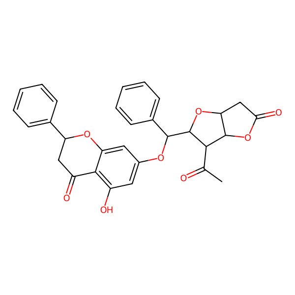 2D Structure of (2S)-7-[(S)-[(2S,3S,3aR,6aR)-3-acetyl-5-oxo-3,3a,6,6a-tetrahydro-2H-furo[3,2-b]furan-2-yl]-phenylmethoxy]-5-hydroxy-2-phenyl-2,3-dihydrochromen-4-one