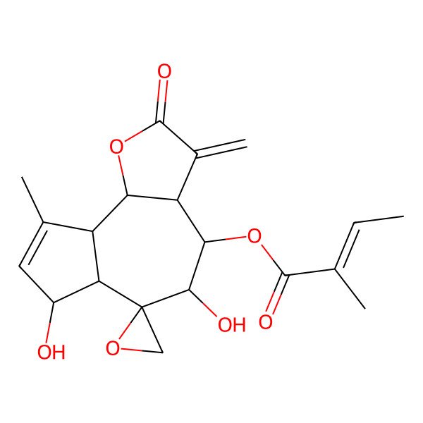 2D Structure of (5,7-dihydroxy-9-methyl-3-methylidene-2-oxospiro[4,5,6a,7,9a,9b-hexahydro-3aH-azuleno[4,5-b]furan-6,2'-oxirane]-4-yl) 2-methylbut-2-enoate