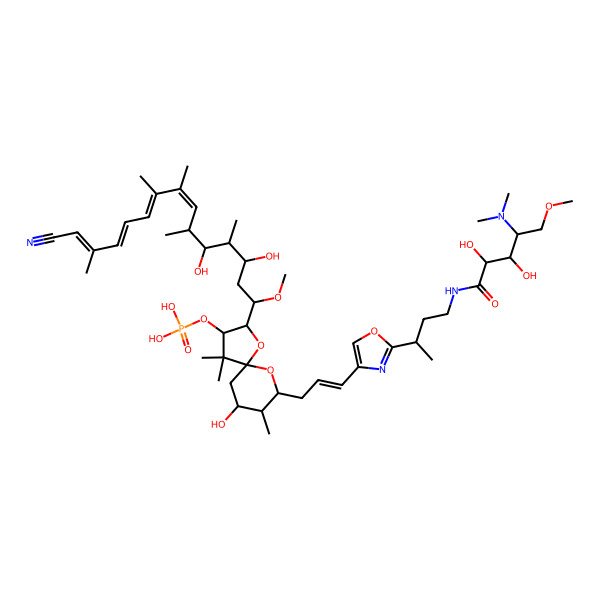 2D Structure of [(2S,3S,5S,7S,8R,9R)-2-[(1R,3R,4R,5S,6S,7E,9E,11Z,13Z)-14-cyano-3,5-dihydroxy-1-methoxy-4,6,8,9,13-pentamethyltetradeca-7,9,11,13-tetraenyl]-9-[(E)-3-[2-[(2R)-4-[[(2R,3R,4R)-4-(dimethylamino)-2,3-dihydroxy-5-methoxypentanoyl]amino]butan-2-yl]-1,3-oxazol-4-yl]prop-2-enyl]-7-hydroxy-4,4,8-trimethyl-1,10-dioxaspiro[4.5]decan-3-yl] dihydrogen phosphate