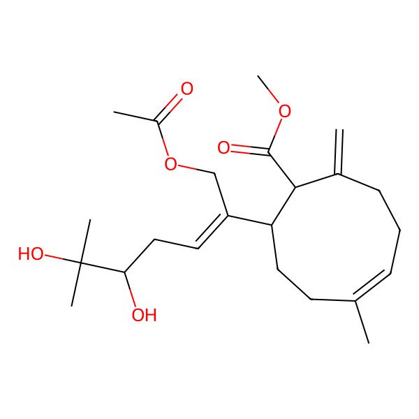 2D Structure of Methyl 2-(1-acetyloxy-5,6-dihydroxy-6-methylhept-2-en-2-yl)-5-methyl-9-methylidenecyclonon-5-ene-1-carboxylate