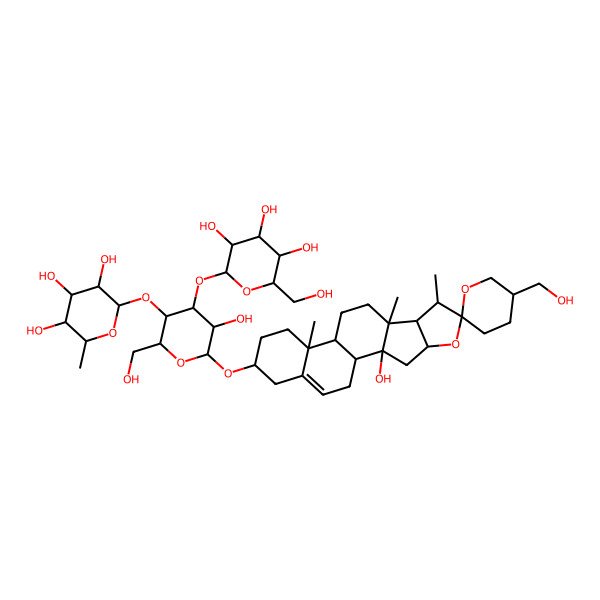 2D Structure of (2S,3R,4R,5R,6S)-2-[(2R,3R,4R,5R,6R)-5-hydroxy-6-[(1R,2R,4S,5'S,6R,7S,8R,9R,12S,13R,16S)-2-hydroxy-5'-(hydroxymethyl)-7,9,13-trimethylspiro[5-oxapentacyclo[10.8.0.02,9.04,8.013,18]icos-18-ene-6,2'-oxane]-16-yl]oxy-2-(hydroxymethyl)-4-[(2S,3R,4S,5S,6R)-3,4,5-trihydroxy-6-(hydroxymethyl)oxan-2-yl]oxyoxan-3-yl]oxy-6-methyloxane-3,4,5-triol
