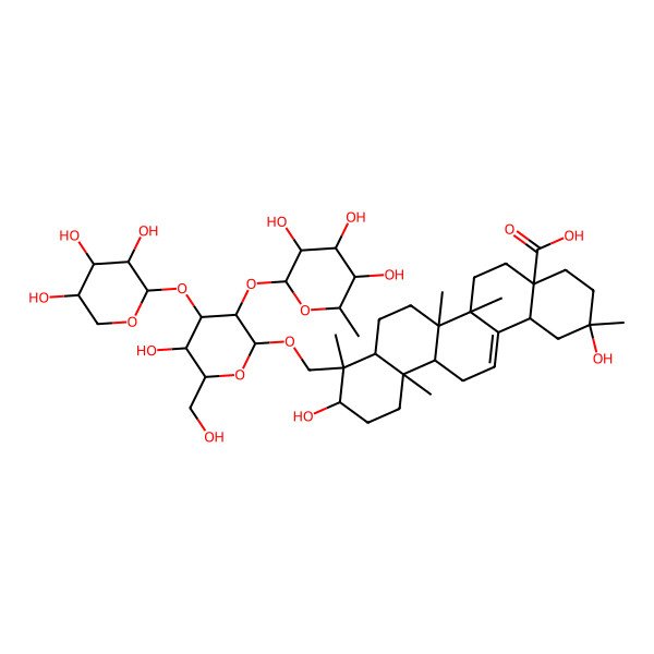 2D Structure of (2R,4aR,6aR,6aS,6bR,8aR,9S,10S,12aR,14bS)-2,10-dihydroxy-9-[[(2R,3R,4S,5R,6R)-5-hydroxy-6-(hydroxymethyl)-3-[(2S,3R,4S,5R,6R)-3,4,5-trihydroxy-6-methyloxan-2-yl]oxy-4-[(2S,3R,4S,5S)-3,4,5-trihydroxyoxan-2-yl]oxyoxan-2-yl]oxymethyl]-2,6a,6b,9,12a-pentamethyl-1,3,4,5,6,6a,7,8,8a,10,11,12,13,14b-tetradecahydropicene-4a-carboxylic acid
