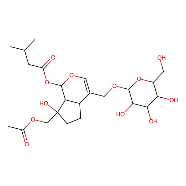 2D Structure of [(1R,4aS,7R,7aS)-7-(acetyloxymethyl)-7-hydroxy-4-[[(2R,3R,4S,5S,6R)-3,4,5-trihydroxy-6-(hydroxymethyl)oxan-2-yl]oxymethyl]-4a,5,6,7a-tetrahydro-1H-cyclopenta[c]pyran-1-yl] 3-methylbutanoate