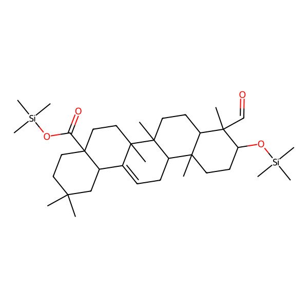 2D Structure of trimethylsilyl (4aS,6aR,6aS,6bR,8aR,9R,10R,12aR,14bS)-9-formyl-2,2,6a,6b,9,12a-hexamethyl-10-trimethylsilyloxy-1,3,4,5,6,6a,7,8,8a,10,11,12,13,14b-tetradecahydropicene-4a-carboxylate 2D Structure of trimethylsilyl (4aS,6aR,6aS,6bR,8aR,9R,10R,12aR,14bS)-9-formyl-2,2,6a,6b,9,12a-hexamethyl-10-trimethylsilyloxy-1,3,4,5,6,6a,7,8,8a,10,11,12,13,14b-tetradecahydropicene-4a-carboxylate