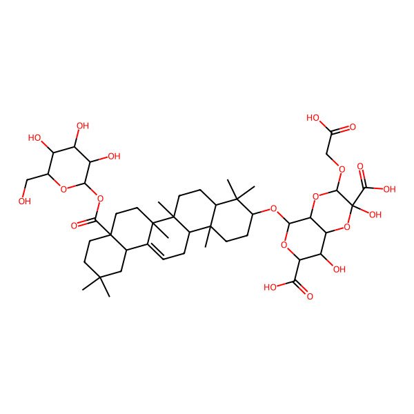 2D Structure of (2R,3R,4aR,5R,7S,8S,8aS)-5-[[(3S,4aR,6aR,6bS,8aS,12aR,14aR,14bR)-4,4,6a,6b,11,11,14b-heptamethyl-8a-[(2S,3R,4S,5S,6R)-3,4,5-trihydroxy-6-(hydroxymethyl)oxan-2-yl]oxycarbonyl-1,2,3,4a,5,6,7,8,9,10,12,12a,14,14a-tetradecahydropicen-3-yl]oxy]-3-(carboxymethoxy)-2,8-dihydroxy-3,4a,5,7,8,8a-hexahydropyrano[3,4-b][1,4]dioxine-2,7-dicarboxylic acid