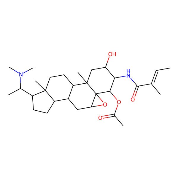 2D Structure of [15-[1-(Dimethylamino)ethyl]-4-hydroxy-2,16-dimethyl-5-(2-methylbut-2-enoylamino)-8-oxapentacyclo[9.7.0.02,7.07,9.012,16]octadecan-6-yl] acetate