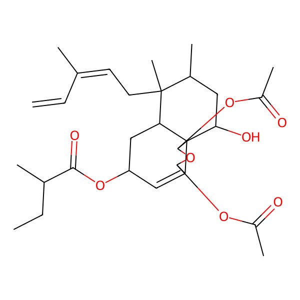 2D Structure of [(5S,6aS,7R,8R,10S,10aS)-1,3-diacetyloxy-10-hydroxy-7,8-dimethyl-7-[(2E)-3-methylpenta-2,4-dienyl]-1,3,5,6,6a,8,9,10-octahydrobenzo[d][2]benzofuran-5-yl] 2-methylbutanoate