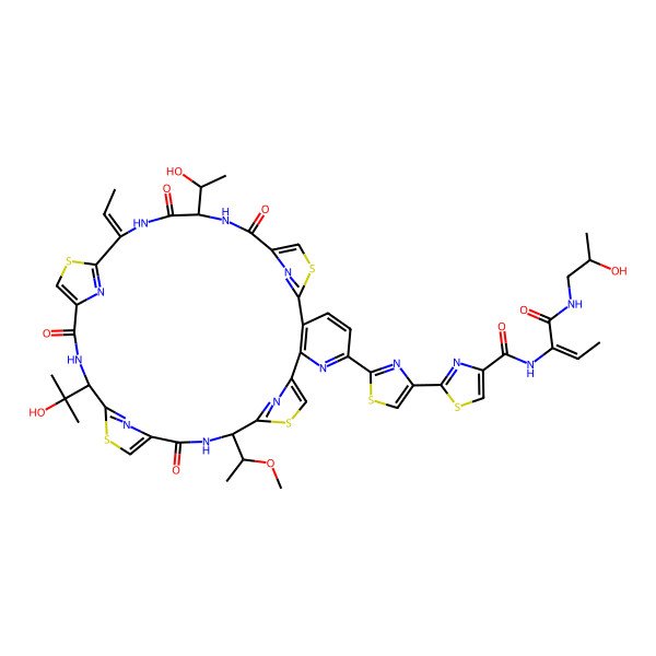 2D Structure of 2-[2-[(12S,19R,26E,29S)-26-ethylidene-29-[(1R)-1-hydroxyethyl]-19-(2-hydroxypropan-2-yl)-12-[(1S)-1-methoxyethyl]-14,21,28,31-tetraoxo-10,17,24,34-tetrathia-6,13,20,27,30,35,36,37,38-nonazahexacyclo[30.2.1.18,11.115,18.122,25.02,7]octatriaconta-1(35),2(7),3,5,8,11(38),15,18(37),22,25(36),32-undecaen-5-yl]-1,3-thiazol-4-yl]-N-[(E)-1-[[(2S)-2-hydroxypropyl]amino]-1-oxobut-2-en-2-yl]-1,3-thiazole-4-carboxamide