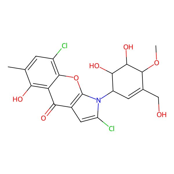 2D Structure of 2,8-Dichloro-1-[5,6-dihydroxy-3-(hydroxymethyl)-4-methoxycyclohex-2-en-1-yl]-5-hydroxy-6-methylchromeno[2,3-b]pyrrol-4-one