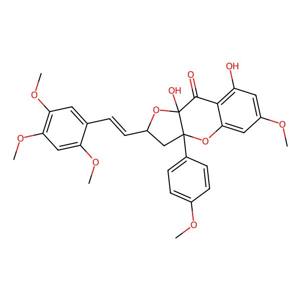 2D Structure of 8,9a-Dihydroxy-6-methoxy-3a-(4-methoxyphenyl)-2-[2-(2,4,5-trimethoxyphenyl)ethenyl]-2,3-dihydrofuro[3,2-b]chromen-9-one