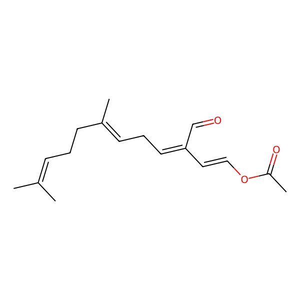 2D Structure of [(1E,3E,6E)-3-formyl-7,11-dimethyldodeca-1,3,6,10-tetraenyl] acetate