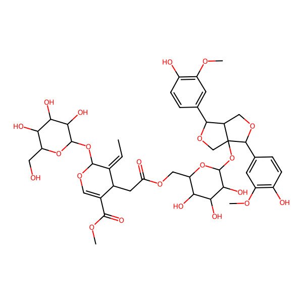 2D Structure of Methyl (4R,5E,6R)-4-[2-[[(2S,3R,4R,5S,6R)-6-[[(3S,3aR,6R,6aS)-3,6-bis(4-hydroxy-3-methoxyphenyl)-3,4,6,6a-tetrahydro-1H-furo[3,4-c]furan-3a-yl]oxy]-3,4,5-trihydroxyoxan-2-yl]methoxy]-2-oxoethyl]-5-ethylidene-6-[(2R,3S,4R,5R,6S)-3,4,5-trihydroxy-6-(hydroxymethyl)oxan-2-yl]oxy-4H-pyran-3-carboxylate
