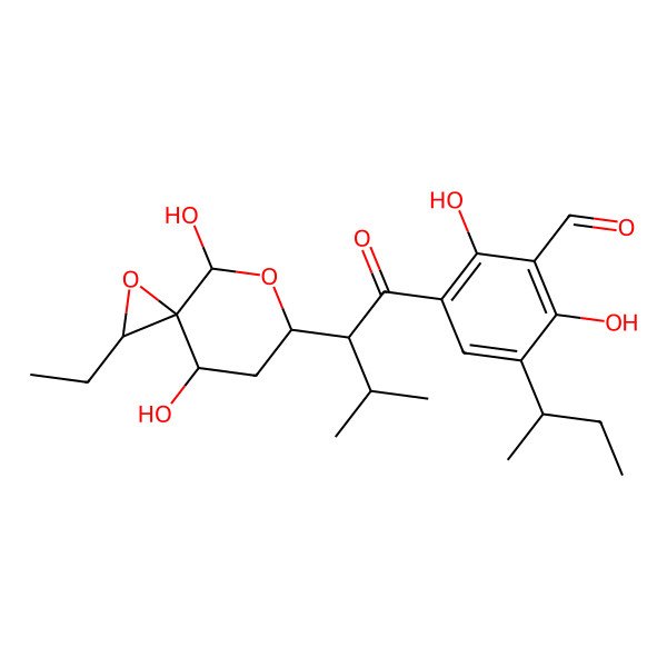 2D Structure of 3-Butan-2-yl-5-[2-(2-ethyl-4,8-dihydroxy-1,7-dioxaspiro[2.5]octan-6-yl)-3-methylbutanoyl]-2,6-dihydroxybenzaldehyde