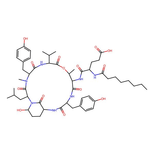 2D Structure of 5-[[21-Hydroxy-5,15-bis[(4-hydroxyphenyl)methyl]-4,11-dimethyl-2-(2-methylpropyl)-3,6,9,13,16,22-hexaoxo-8-propan-2-yl-10-oxa-1,4,7,14,17-pentazabicyclo[16.3.1]docosan-12-yl]amino]-4-(octanoylamino)-5-oxopentanoic acid