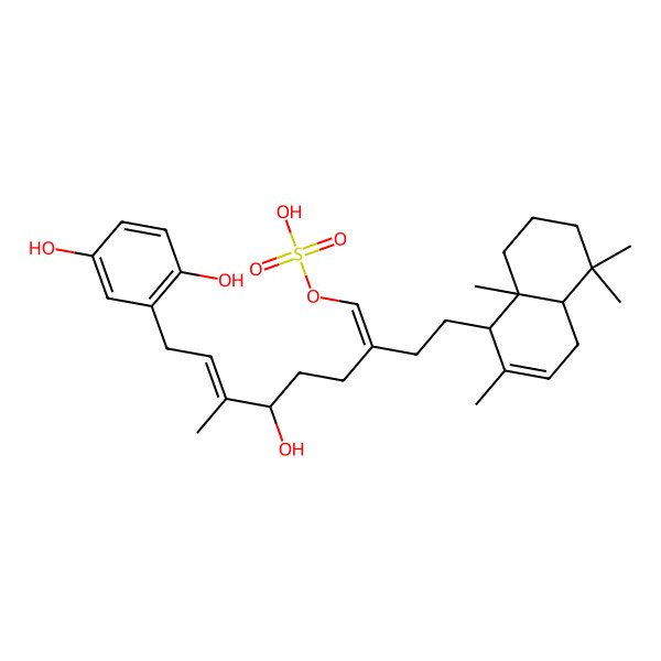 2D Structure of [(1Z,6E)-2-[2-[(1S,4aS,8aS)-2,5,5,8a-tetramethyl-1,4,4a,6,7,8-hexahydronaphthalen-1-yl]ethyl]-8-(2,5-dihydroxyphenyl)-5-hydroxy-6-methylocta-1,6-dienyl] hydrogen sulfate