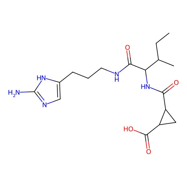 2D Structure of (1S,2S)-2-[[(2S,3S)-1-[3-(2-amino-1H-imidazol-5-yl)propylamino]-3-methyl-1-oxopentan-2-yl]carbamoyl]cyclopropane-1-carboxylic acid