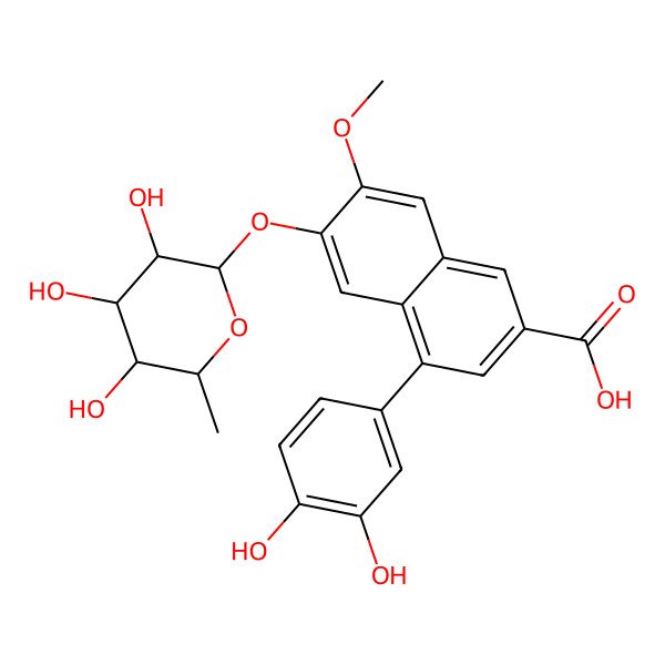 2D Structure of 4-(3,4-dihydroxyphenyl)-7-methoxy-6-[(2S,3R,4R,5R,6S)-3,4,5-trihydroxy-6-methyloxan-2-yl]oxynaphthalene-2-carboxylic acid