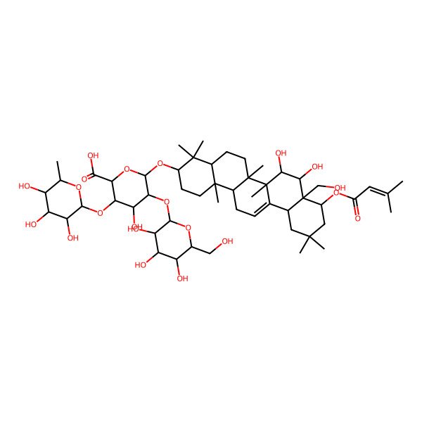 2D Structure of (2S,3S,4S,5R,6R)-6-[[(3S,4aR,6aR,6bS,7R,8S,8aR,9S,12aS,14aR,14bR)-7,8-dihydroxy-8a-(hydroxymethyl)-4,4,6a,6b,11,11,14b-heptamethyl-9-(3-methylbut-2-enoyloxy)-1,2,3,4a,5,6,7,8,9,10,12,12a,14,14a-tetradecahydropicen-3-yl]oxy]-4-hydroxy-5-[(2S,3R,4S,5S,6R)-3,4,5-trihydroxy-6-(hydroxymethyl)oxan-2-yl]oxy-3-[(2S,3R,4R,5R,6S)-3,4,5-trihydroxy-6-methyloxan-2-yl]oxyoxane-2-carboxylic acid